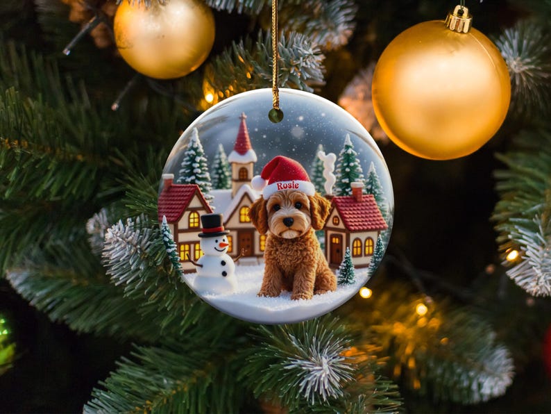 Christmas Tree Ornament, Cute Puppy with Santa Hat, Christmas Village Scene Ornament, Holiday Decoration, Dog Lover Gift