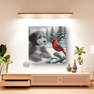 Goldendoodle canvas art, dog portrait wall art, goldendoodle decor, large canvas print, pet lover gift, gentle dog gaze art, 6x6 to 36x36 portrait, cotton fabric artwork, home decor canvas, animal art prints, detailed dog painting, goldendoodle lover