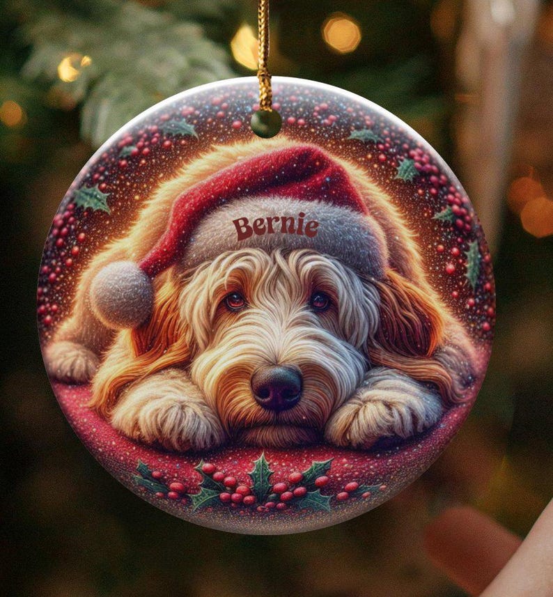 Puppy Santa Ornament, Goldendoodle Christmas Keepsake | Two-Sided Ceramic | 3 Inch Gift, Sublimation Festive Dog Decor image 1