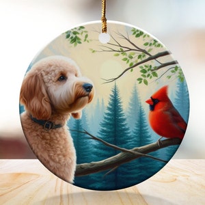 Cardinal and Doodle Dog Ceramic Ornament, Oil Paint Design image 1