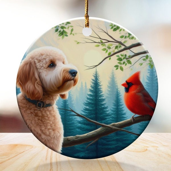Cardinal and Doodle Dog Ceramic Ornament, Oil Paint Design
