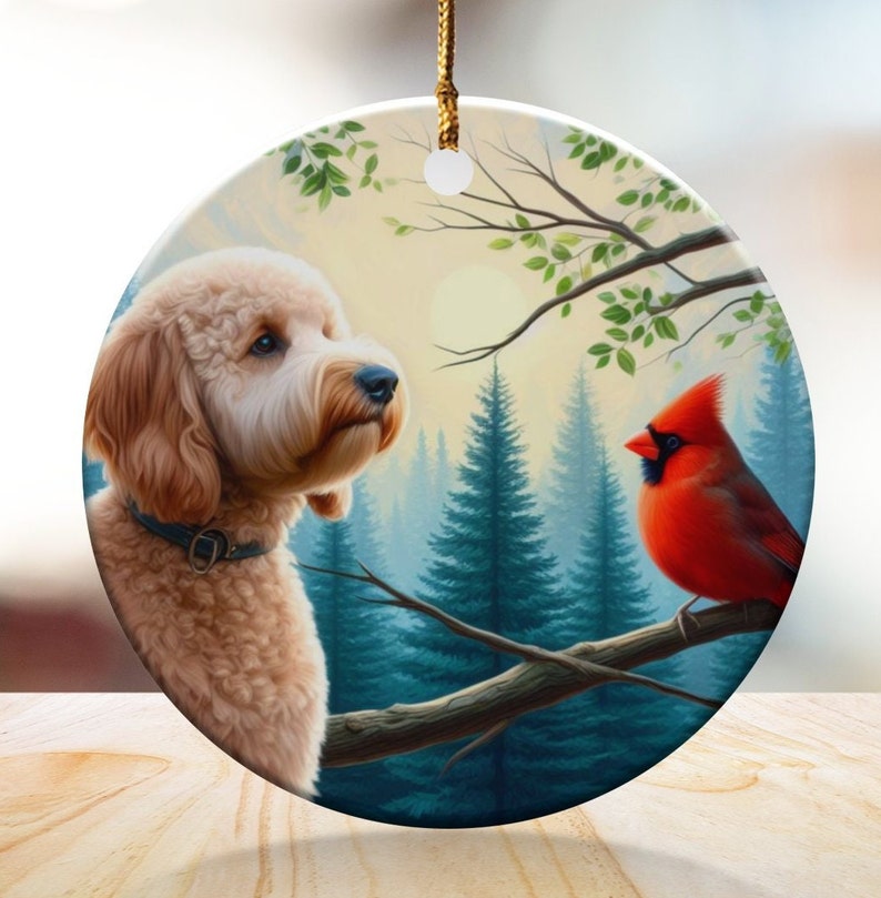 Cardinal and Doodle Dog Ceramic Ornament, Oil Paint Design image 1