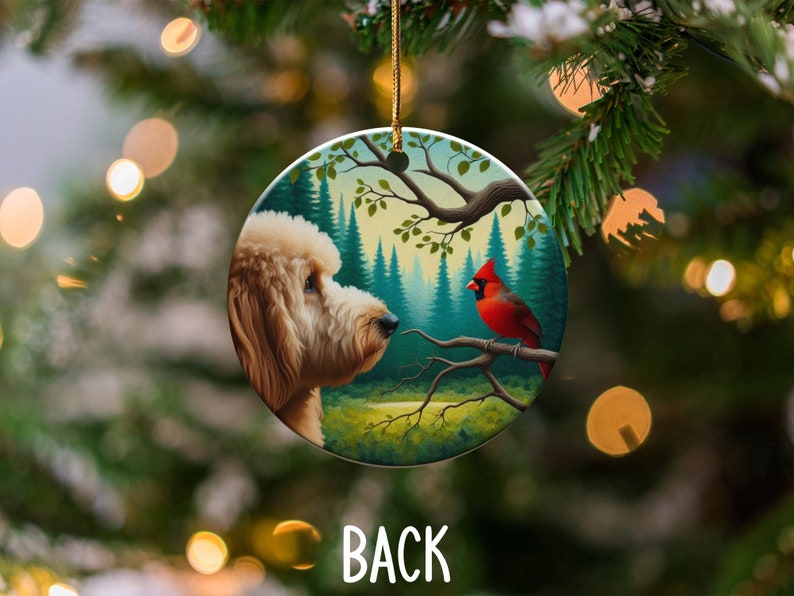 Cardinal and Goldendoodle Ceramic Ornament, Oil Paint Style Design, Cardinal Lovers Gift, Mothers Day, Bird Lover, Red Cardinal and Dog Gift