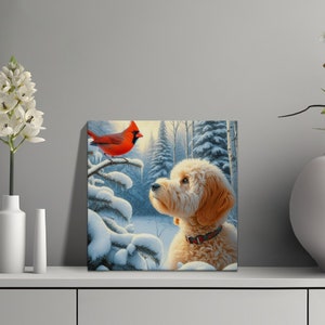 Goldendoodle Dog and Cardinal Art, Choose Canvas or Poster, Dogs and Red Cardinal, white Goldendoodle, Pet Person Gift, Doodle Mom Dad Gifts