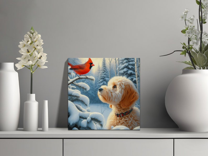 Goldendoodle Dog and Cardinal Art, Choose Canvas or Poster, Dogs and Red Cardinal, white Goldendoodle, Pet Person Gift, Doodle Mom Dad Gifts