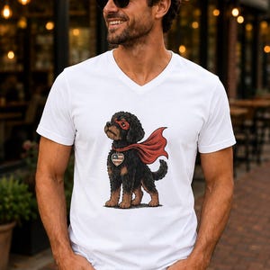 Hero Doodle Dog Fitted V-Neck Tee | Bernedoodle Superpup Graphic Shirt | Dog Lover Gift image 1