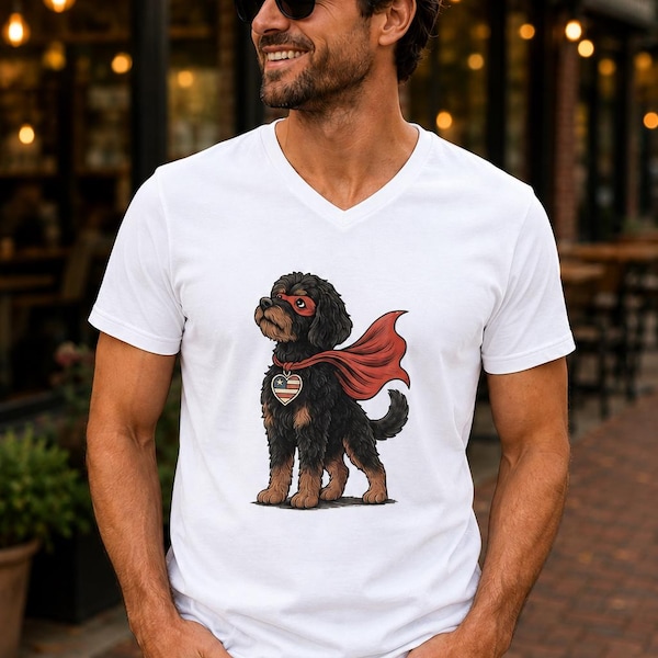 Hero Doodle Dog Fitted V-Neck Tee | Bernedoodle Superpup Graphic Shirt | Dog Lover Gift