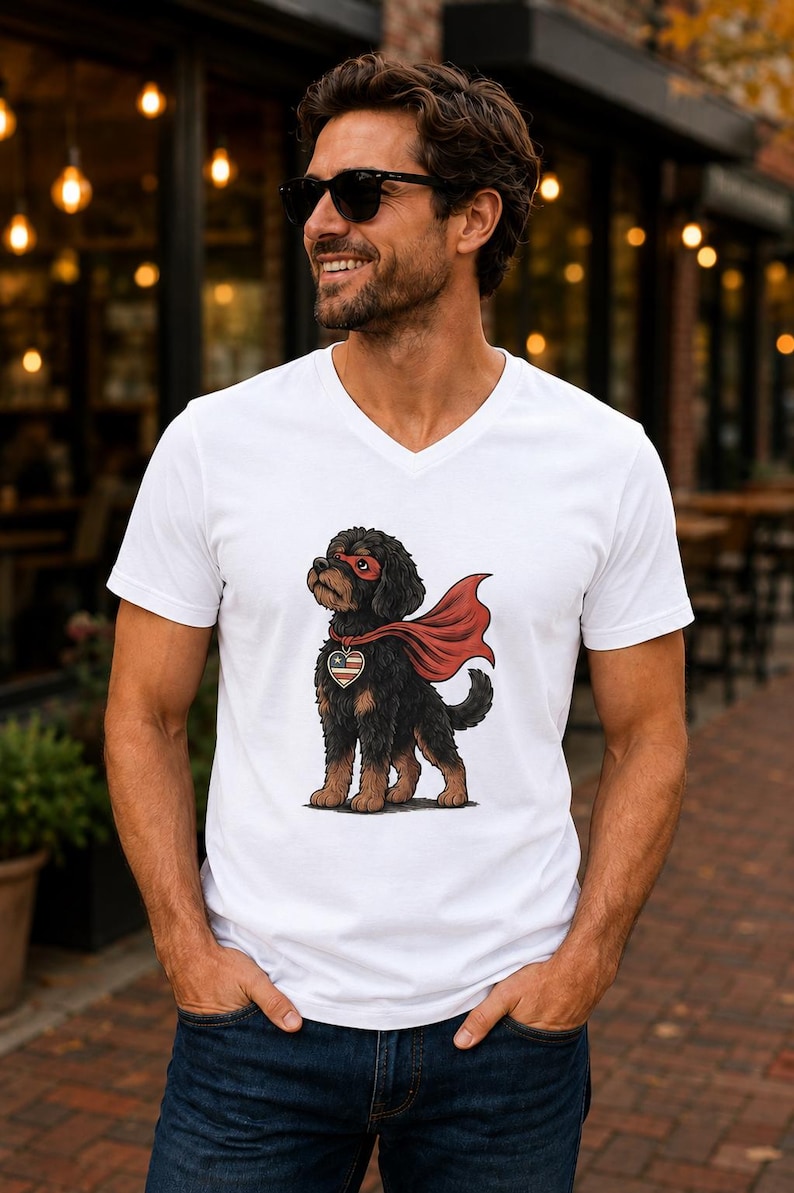 Hero Doodle Dog Fitted V-Neck Tee | Bernedoodle Superpup Graphic Shirt | Dog Lover Gift image 1