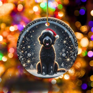 May include: Round Christmas ornament featuring a black dog wearing a Santa hat with the name "Teddi" on it. The dog is sitting in a snowy scene with sparkling lights and snowflakes. A gold string is attached for hanging.