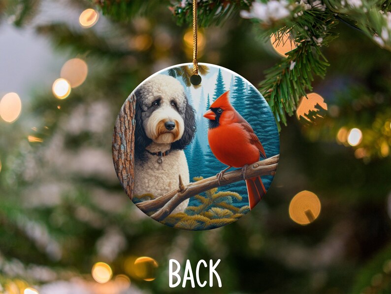 Cardinal and Bernedoodle Dog Ceramic Ornament, Oil Paint Style Design, Cardinal Lovers Gift, Mothers Day, Bird Lovers, Custom Crafted Design