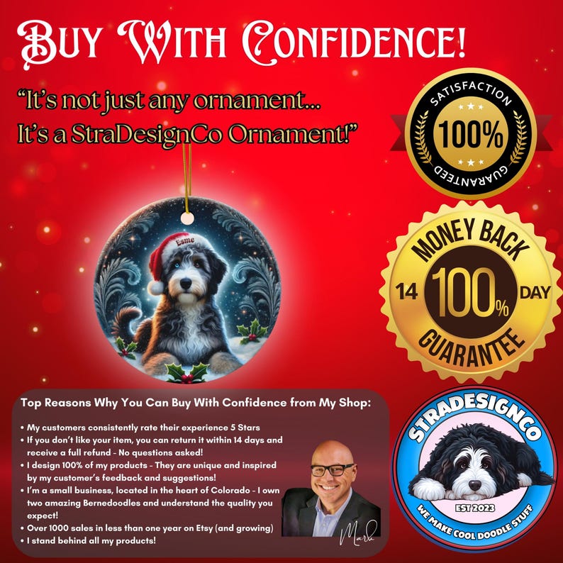 Merle Bernedoodle, Personalized Santa Hat Ornament | Sublimation Ceramic | Custom Dog Lover Gift image 2