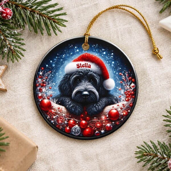 Black Doodle Dog Wearing a Santa Hat Christmas Ornament Two Sided Personalized Ceramic Ornament