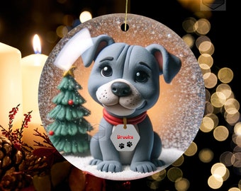 Personalized Pitbull Christmas Ornament: Gray Ceramic Dog Memorial
