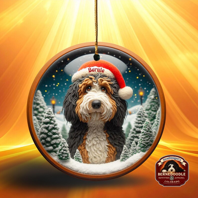 Op de afbeelding: Ronde houten kerstversiering met een Bernedoodle-hond met een kerstmuts met de naam "Bernie". De versiering heeft een winterse achtergrond met besneeuwde bomen en een besneeuwde grond. De versiering is van StraDesignCo.