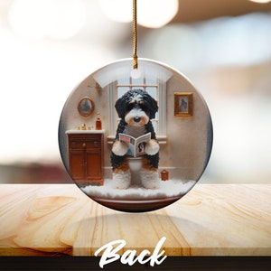 Funny Doodle Dog Toilet Scene Ceramic Ornament, Dog Bathroom Art, Pup Restroom Gifts, Bernedoodle reading a Magazine, Trendy Dog Person Gift
