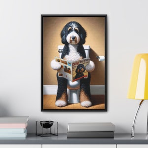 Framed Bernedoodle Toilet Portrait - Dog Reading Magazine, Bathroom Wall Art image 7