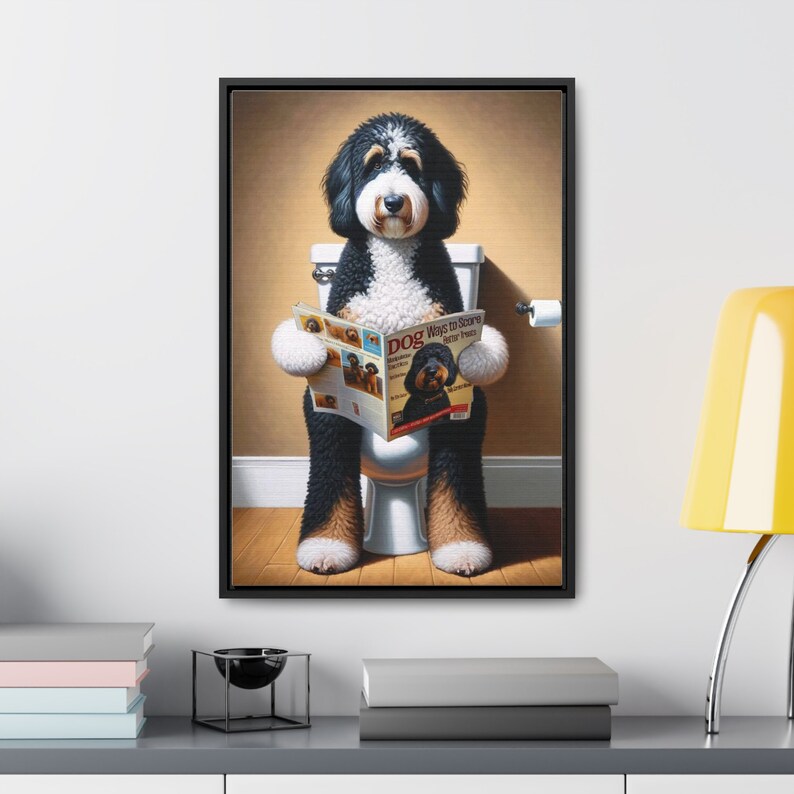 Framed Bernedoodle Toilet Portrait - Dog Reading Magazine, Bathroom Wall Art image 7