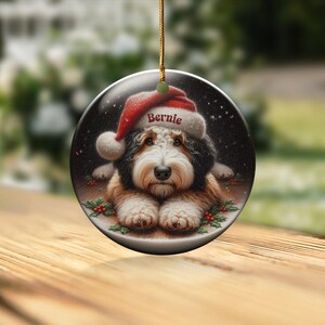 Dog Ornament Santa, Ceramic Bernedoodle Keepsake | Glossy Sublimation - 3 Inch Festive Pet Decoration | Gold String Hanger image 10