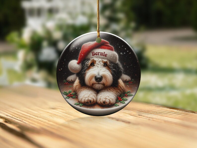 Dog Ornament Santa, Ceramic Bernedoodle Keepsake | Glossy Sublimation - 3 Inch Festive Pet Decoration | Gold String Hanger image 10