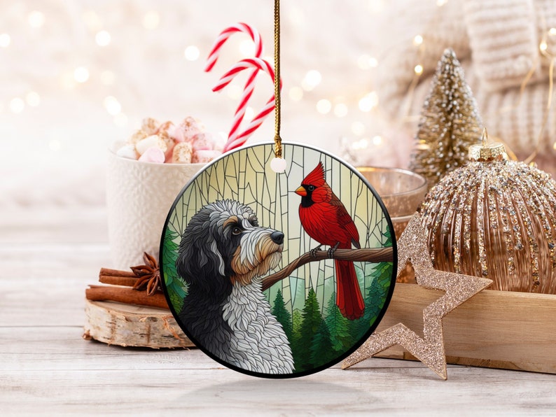 Cardinal and Bernedoodle Dog Ceramic Ornament, Oil Paint Style Design, Cardinal Lovers Gift, Mothers Day Gifts Bird Lovers Dog Mom Ornament
