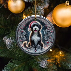 Dog Ornament Holiday, Personalized Bernedoodle Keepsake | Ceramic | Two-Sided Sublimation Print, Gold Hanger image 8