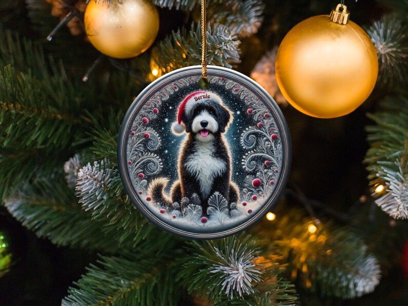 Dog Ornament Holiday, Personalized Bernedoodle Keepsake | Ceramic | Two-Sided Sublimation Print, Gold Hanger image 8