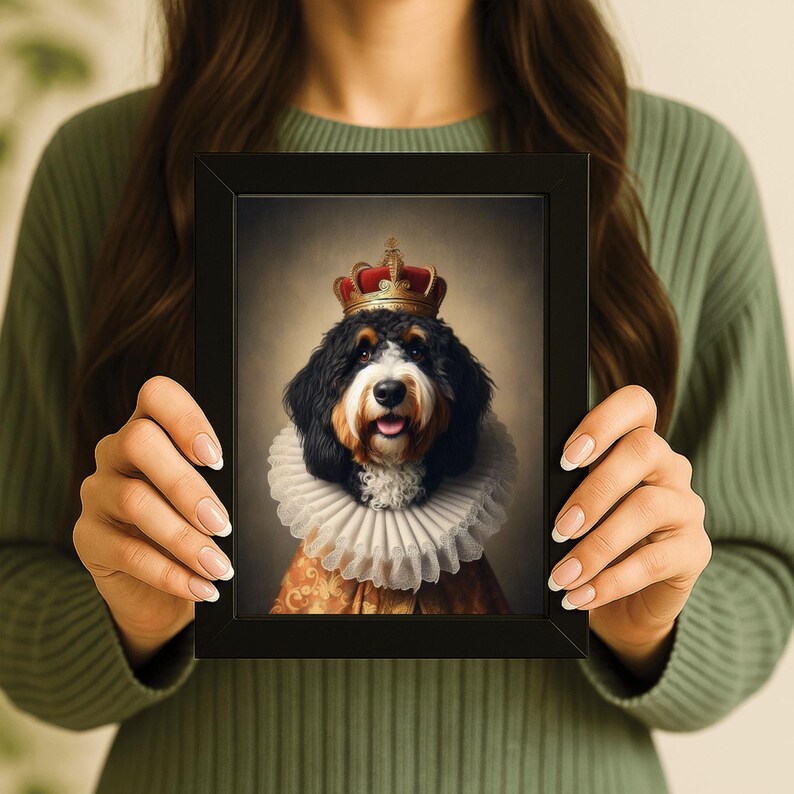 May include: A framed portrait of a dog wearing a crown and a ruffled collar. The dog has black, brown, and white fur, with a regal expression. The crown is gold with red accents, and the background is a soft, neutral tone.