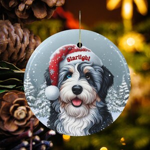 Merle Bernedoodle Ceramic Ornament, showcasing stunning blue and brown eyes. Personalized ornament with your dogs name