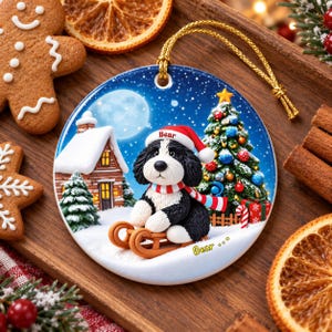 A ceramic ornament featuring a black and white dog wearing a Santa hat and scarf, sitting on a sled and looking at the camera, with a snowy winter scene and a Christmas tree in the background.
