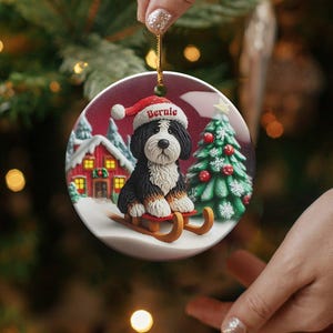 Custom Dog Ornament, Bernedoodle Sledding Keepsake | Sublimation Ceramic | 3 Inch Festive Decor, Santa Hat Doodle Gift image 9