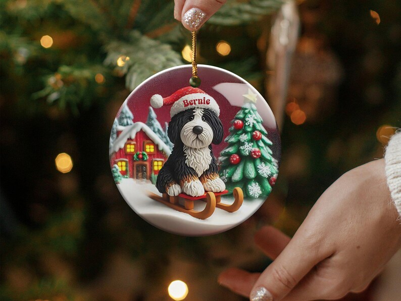 Custom Dog Ornament, Bernedoodle Sledding Keepsake | Sublimation Ceramic | 3 Inch Festive Decor, Santa Hat Doodle Gift image 9