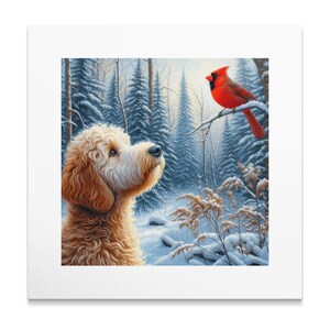 Cuadro decorativo sobre lienzo con escena invernal del cardenal Bernedoodle imagen 7