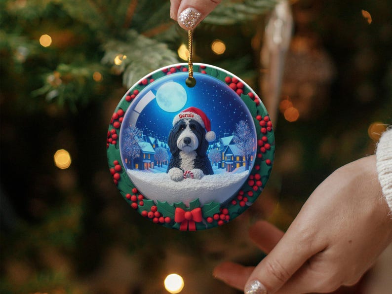 Personalized dog Christmas ornament, cute pet holiday decor, custom pet gift, festive tree decoration, dog lover Xmas ornament
