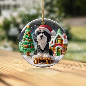 Bernedoodle Ornament, Sledding Ceramic | Claymation Style Artwork | 3 Inch Sublimation Gift image 3