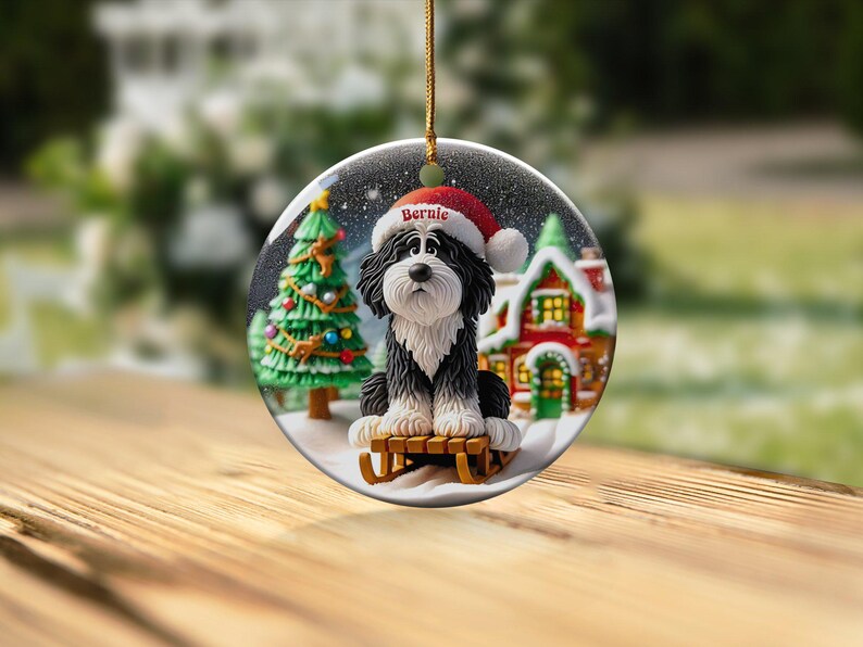 Bernedoodle Ornament, Sledding Ceramic | Claymation Style Artwork | 3 Inch Sublimation Gift image 3