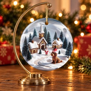 May include: A round, flat glass ornament hanging from a gold-toned metal stand. The ornament features a winter scene with a church, small houses, snow-covered pine trees, a miniature Santa Claus, and a brown dog wearing a red Santa hat.