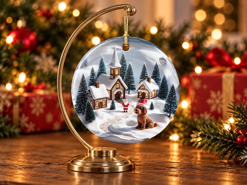 May include: A round, flat glass ornament hanging from a gold-toned metal stand. The ornament features a winter scene with a church, small houses, snow-covered pine trees, a miniature Santa Claus, and a brown dog wearing a red Santa hat.