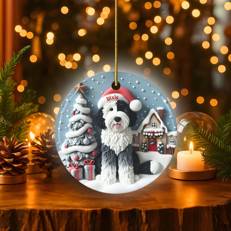 Sheepadoodle, Snow Globe Scene Ceramic Ornament | Sublimation | 3 Inch Custom Dog Name, Pet Lover Gift image 1