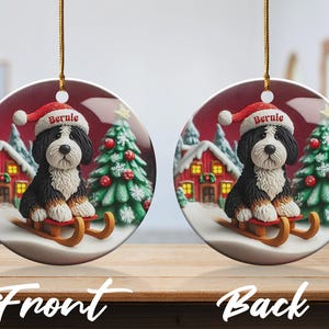 Custom Dog Ornament, Bernedoodle Sledding Keepsake | Sublimation Ceramic | 3 Inch Festive Decor, Santa Hat Doodle Gift image 7