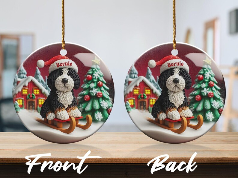 Custom Dog Ornament, Bernedoodle Sledding Keepsake | Sublimation Ceramic | 3 Inch Festive Decor, Santa Hat Doodle Gift image 7
