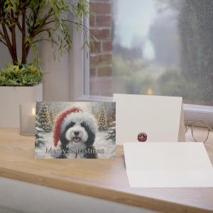 Merry Christmas Card with Cute Dog, Holiday Greeting Card, Festive Christmas Card, Christmas Dog Art, Christmas Card with Dog