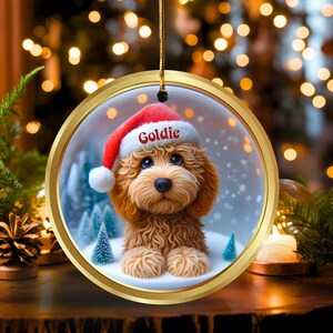 Goldendoodle ceramic 3 inch ornament in vibrant color and claymation style design.  Full gloss and printed on both sides.  It's hung with a gold string.