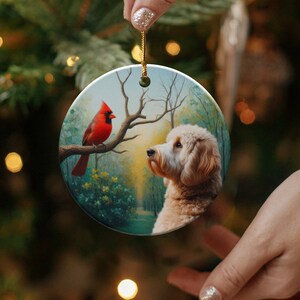 Cardinal and Doodle Dog Ceramic Ornament, Oil Paint Style Design image 4