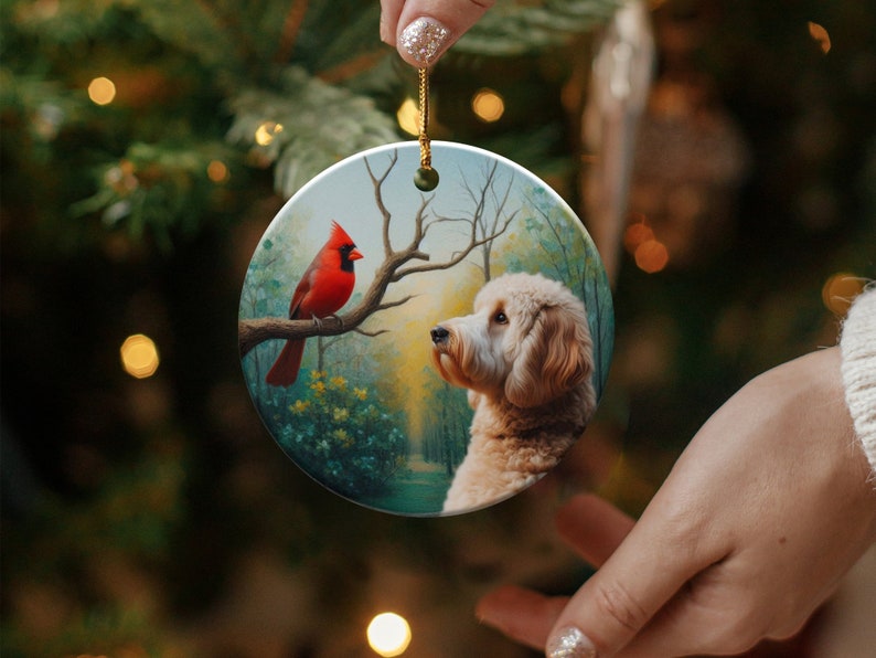 Cardinal and Doodle Dog Ceramic Ornament, Oil Paint Style Design image 4