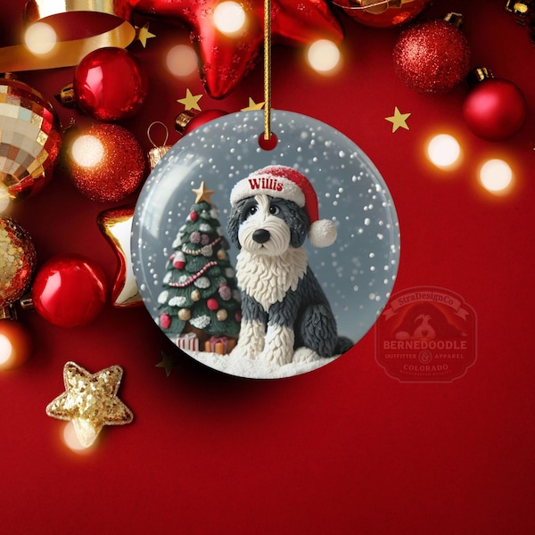 Personalized Sheepadoodle Ceramic Ornament, Snow Globe Scene - Sublimation Print - Custom Dog Keepsake, Holiday Tree Decor