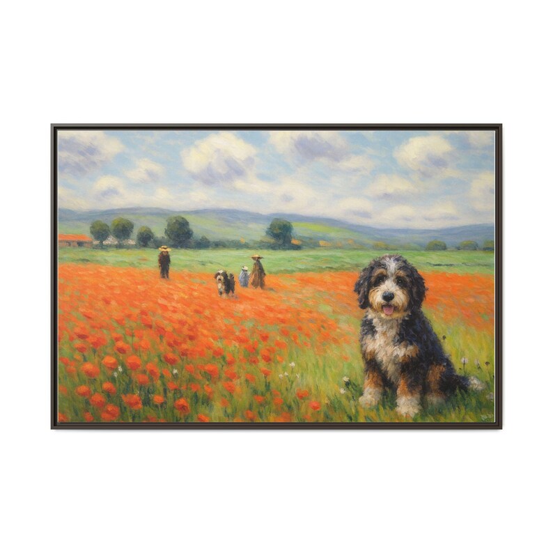Bernedoodle Classic in un campo di papaveri - Tela incorniciata immagine 17