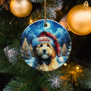 Christmas dog ornament, cute puppy wearing Santa hat, holiday tree decoration, personalized pet gift, festive decor, pet lover gift