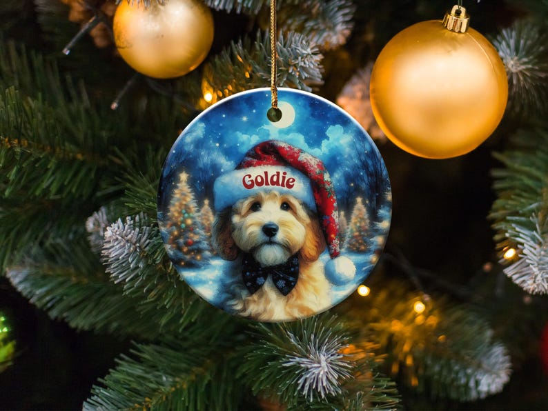 Christmas dog ornament, cute puppy wearing Santa hat, holiday tree decoration, personalized pet gift, festive decor, pet lover gift
