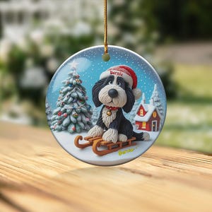 Christmas Ornament, Bernedoodle Sledding Scene | Sublimation Ceramic Decor | 3-Inch Glossy Flat Double-Sided image 6