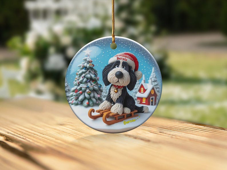 Christmas Ornament, Bernedoodle Sledding Scene | Sublimation Ceramic Decor | 3-Inch Glossy Flat Double-Sided image 6